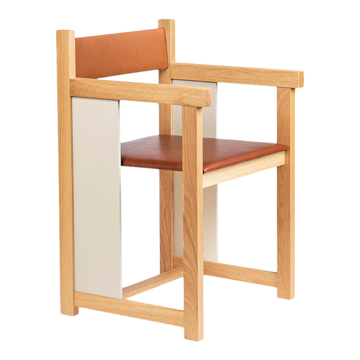 Natural wood chair with tan leather seat and back, featuring white panel accents for a modern, minimalist look.