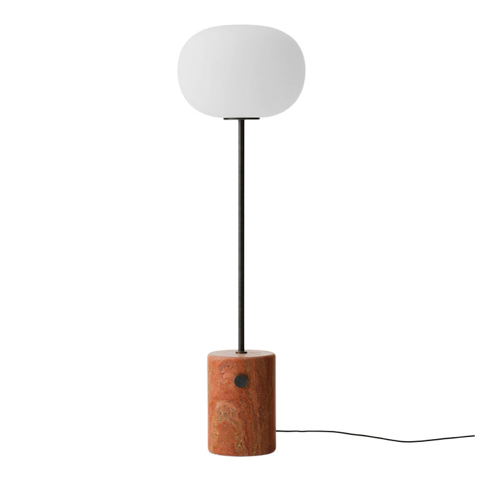 Modern lamp featuring a sleek black stand, warm wooden base, and soft white globe shade. Perfect for stylish decor.