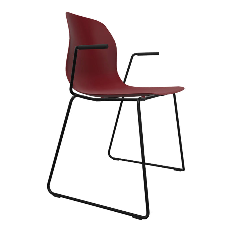 Modern burgundy chair with sleek black metal frame, featuring a minimalist design and smooth, glossy finish.