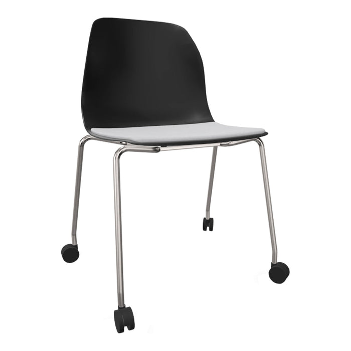 Black plastic chair with a gray cushion and sleek chrome legs, featuring a minimalist design for modern spaces.