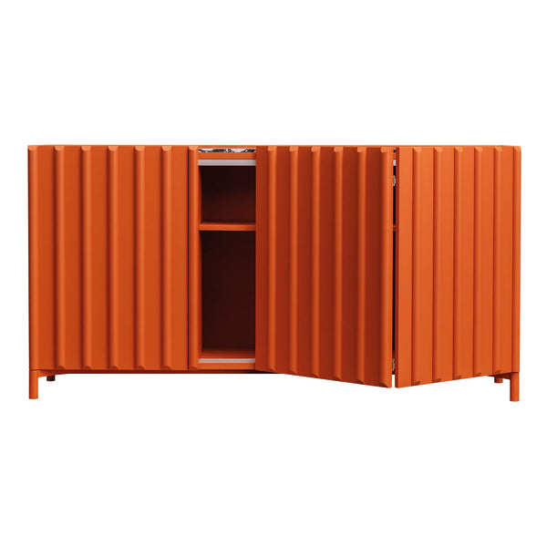 "Vibrant orange cabinet with vertical ribbed patterns, featuring an open compartment for storage."