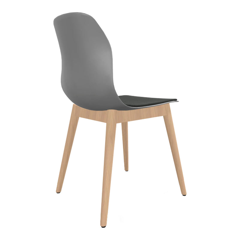 Stylish gray chair with a black seat and natural wood legs, perfect for modern spaces.