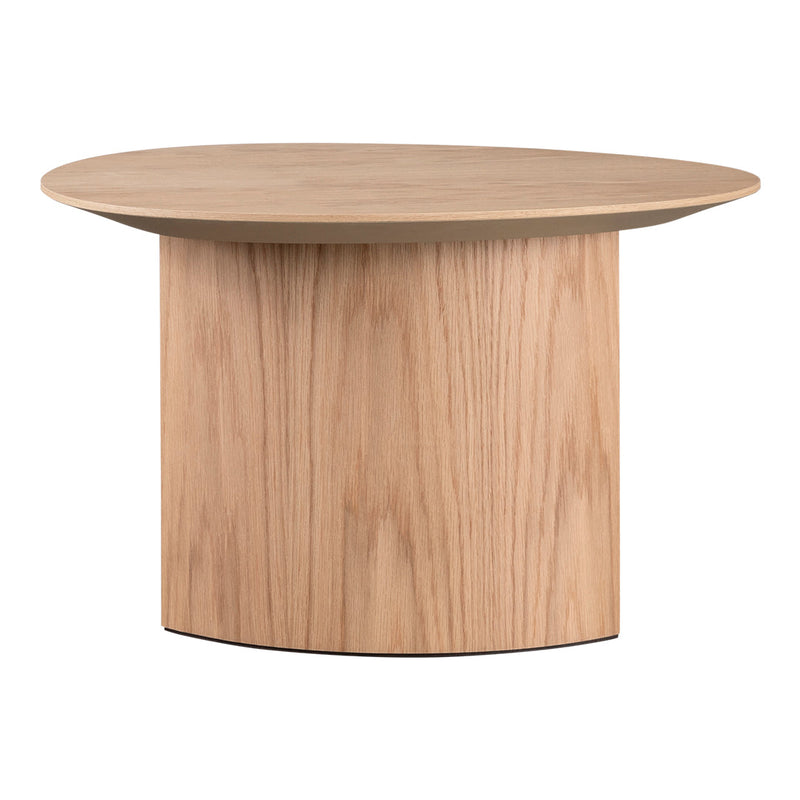 Light oak round coffee table with a smooth, minimalistic pattern and natural wood grain texture.