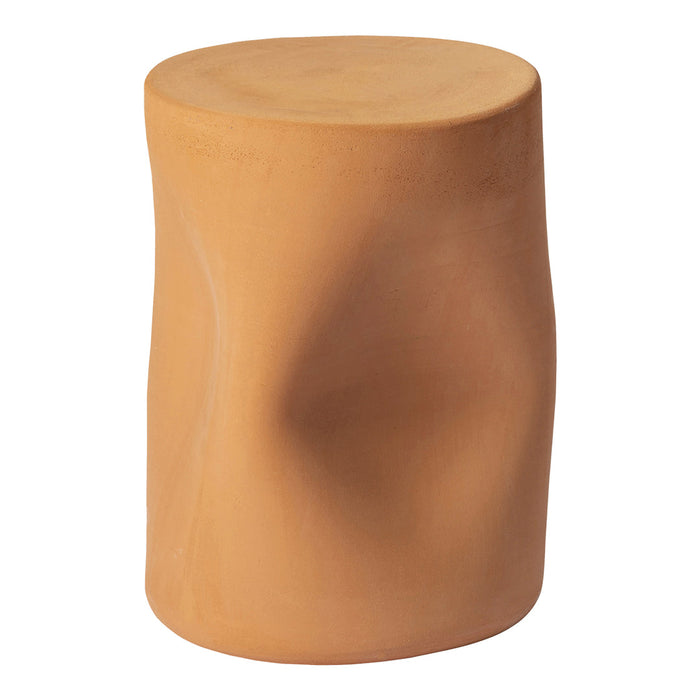 "Terra cotta stool with a smooth, sculptural surface and warm, earthy tones."
