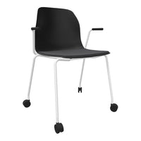 Black chair with a smooth surface and white metal frame, featuring minimalist design and simple color contrast.
