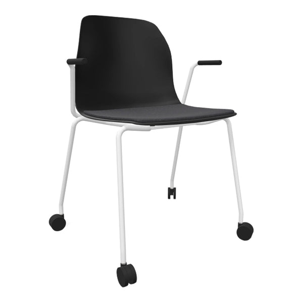 Black chair with a smooth surface and white metal frame, featuring minimalist design and simple color contrast.