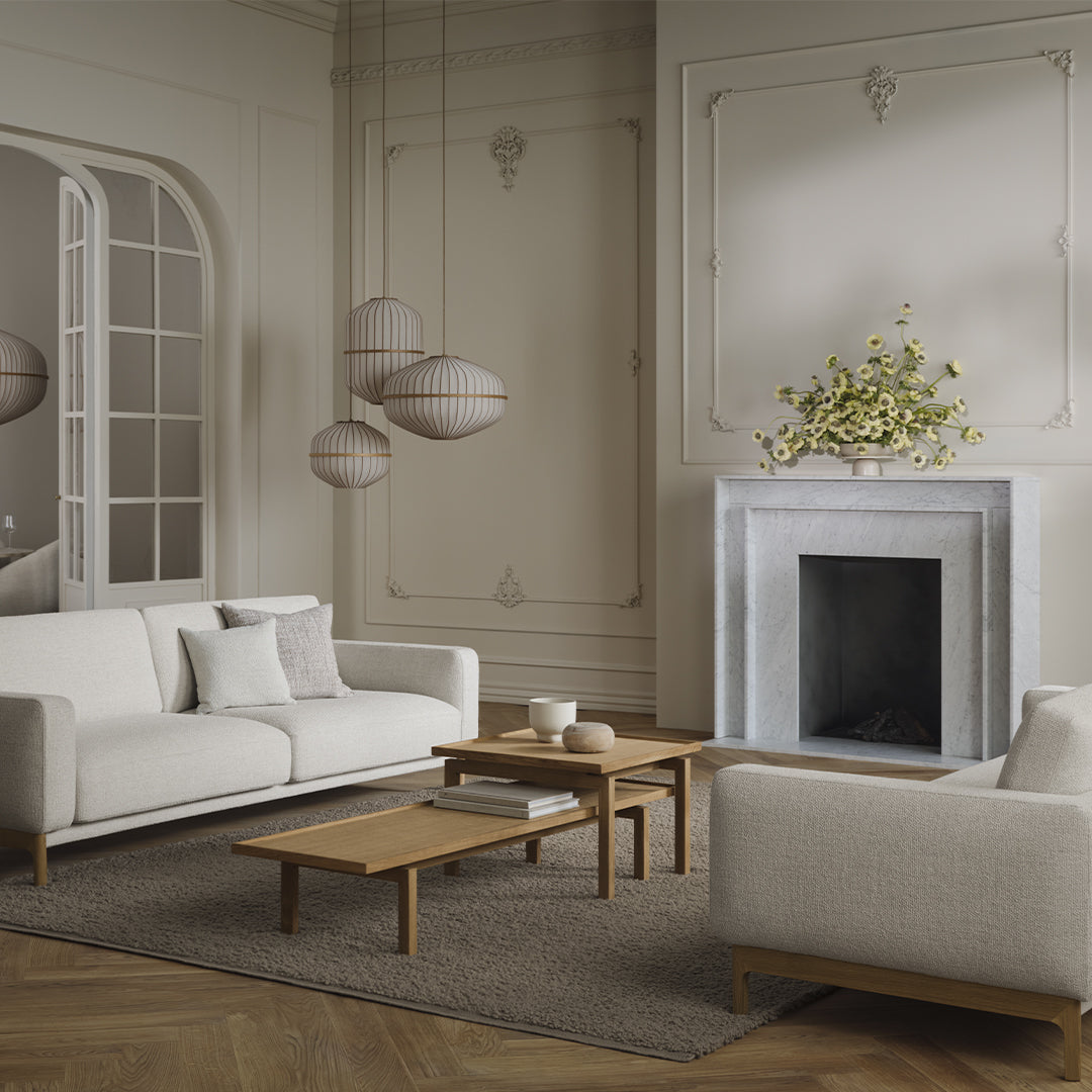 Elegant beige and soft white decor featuring natural wood accents and subtle textures in a modern living room setting.