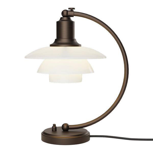 Bronze desk lamp with a sleek, curved design and layered white glass shades. Modern, minimalist style.