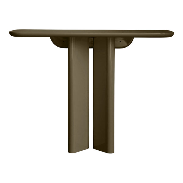 Brown console table with a sleek, modern design and smooth surface. Minimalist style suitable for various decors.