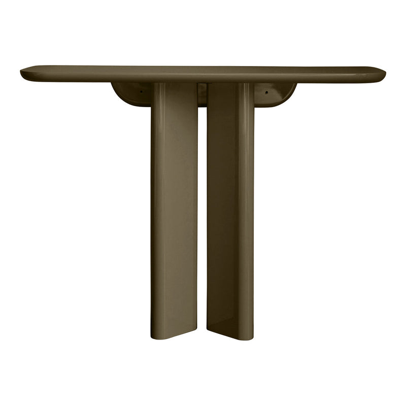 Brown console table with a sleek, modern design and smooth surface. Minimalist style suitable for various decors.