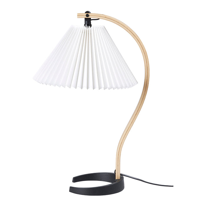 Stylish lamp with a pleated white shade, natural wood accents, and a sleek black base. Ideal for modern decor.