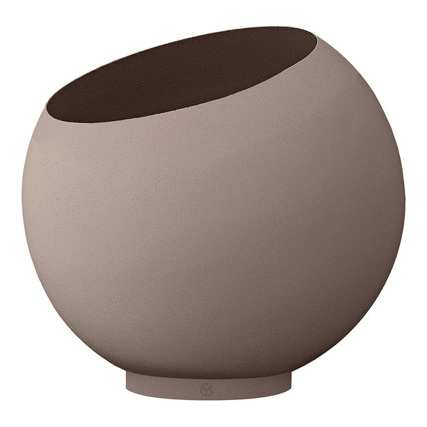 "Round clay pot in soft beige with a dark brown interior and textured finish."