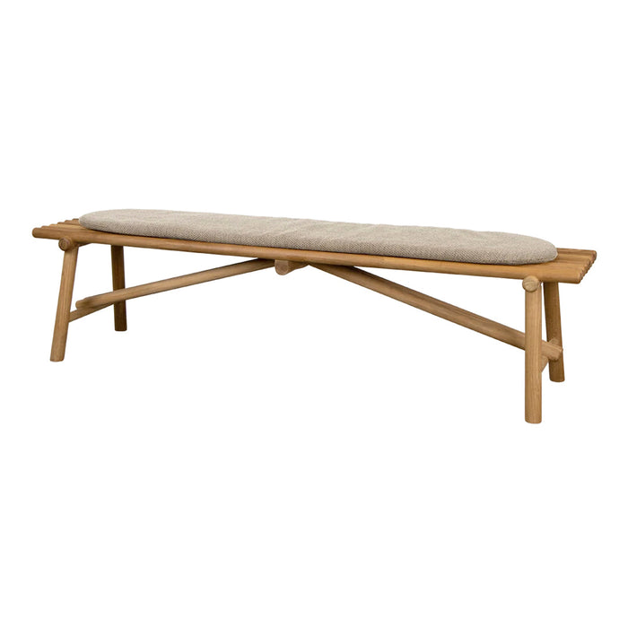 Natural wood bench with a beige cushion, featuring a simple, minimalist design. Perfect for any modern space.