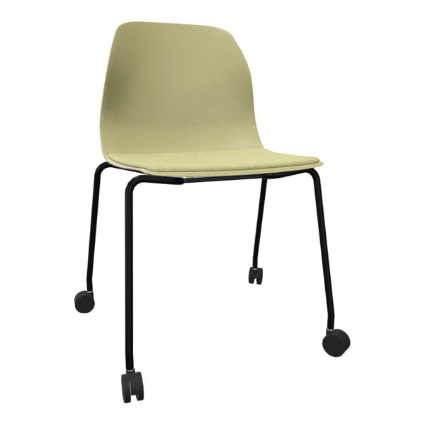 Light green chair with a smooth surface and black metal legs, featuring a sleek and modern design.