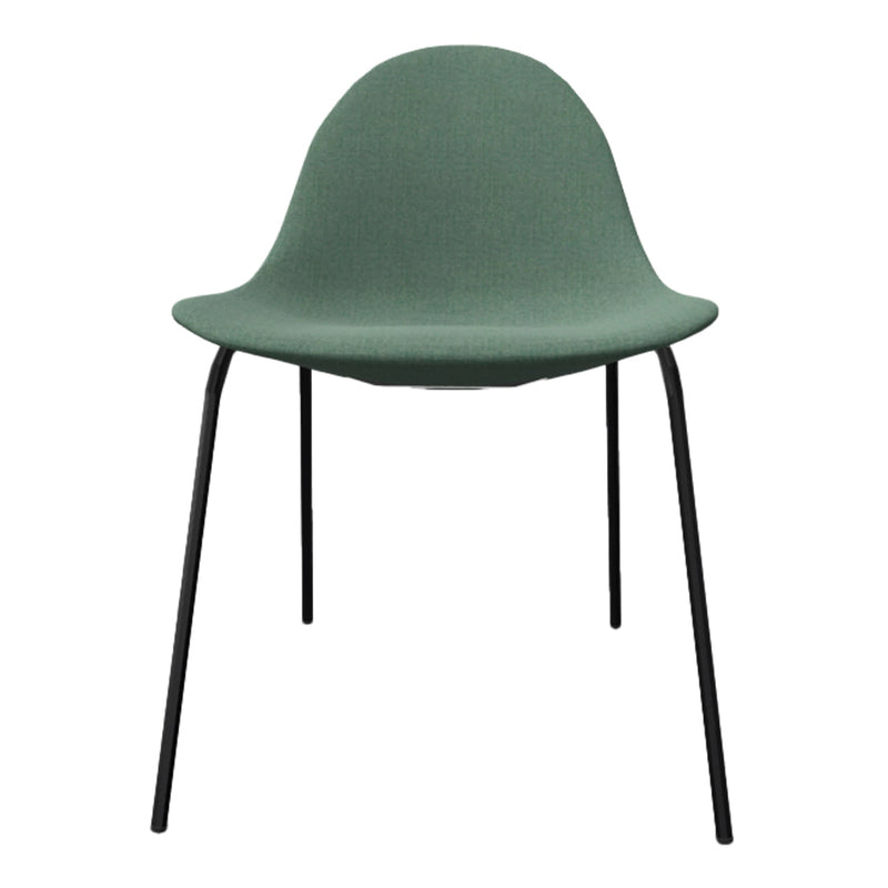 Green upholstered chair with a smooth texture and black metal legs, ideal for modern decor.