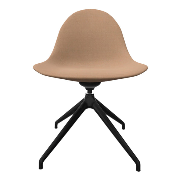 Tan fabric chair with a sleek black metal base, featuring a smooth, minimalist design. Perfect for modern decor.