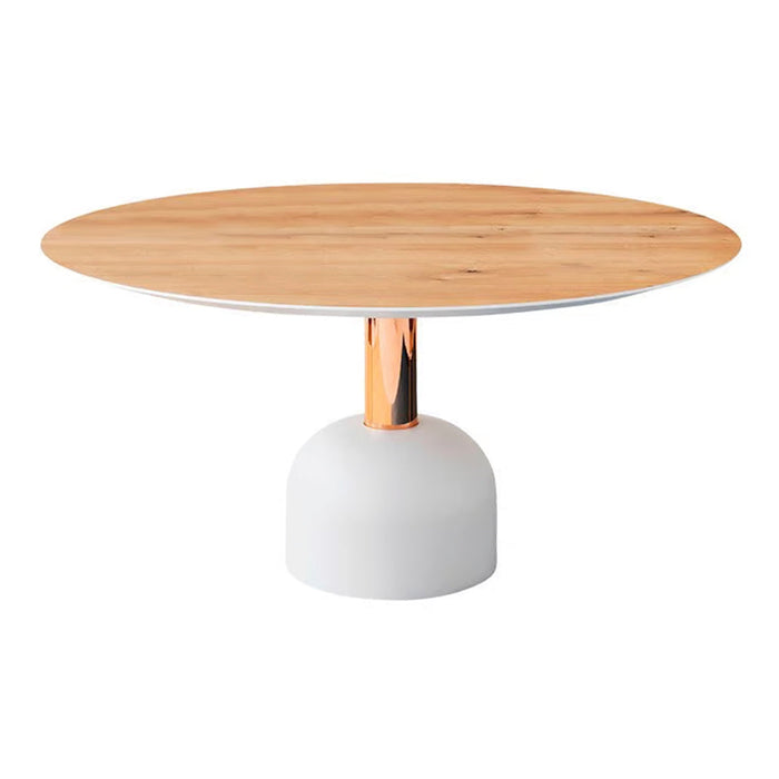 Round wooden table with light oak finish, white base, and polished copper accent. Modern and stylish design.