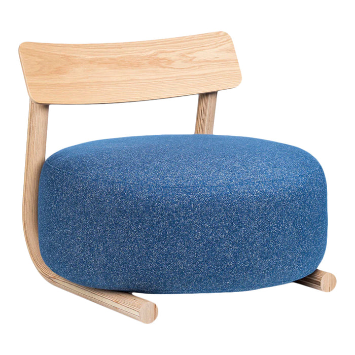 Modern chair with a curved wood frame and vibrant blue fabric upholstery featuring a subtle textured pattern.