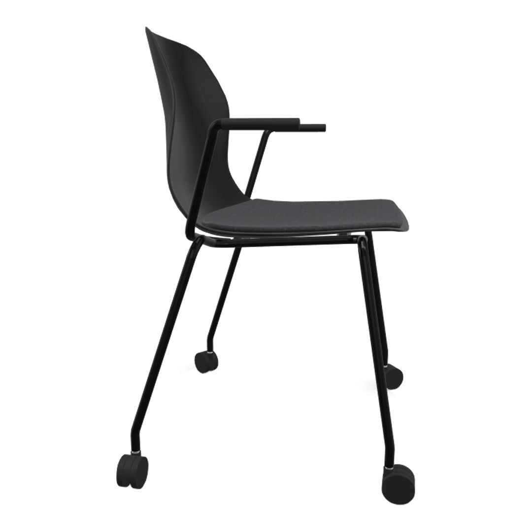 Black chair with a sleek design, featuring a gray upholstered seat and armrests, offering a modern aesthetic.