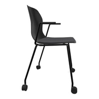 Black chair with a sleek design, featuring a gray upholstered seat and armrests, offering a modern aesthetic.