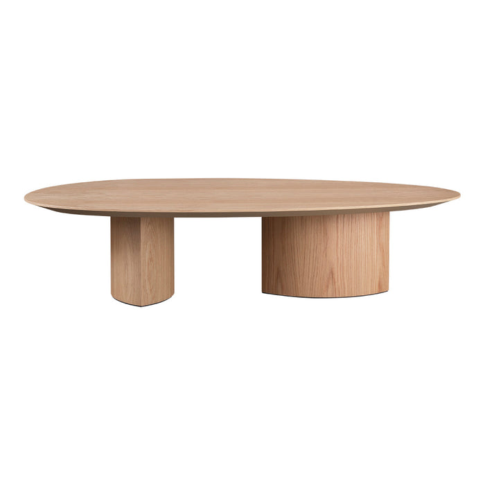Light oak coffee table with a smooth oval top and cylindrical bases, showcasing a natural wood grain pattern.