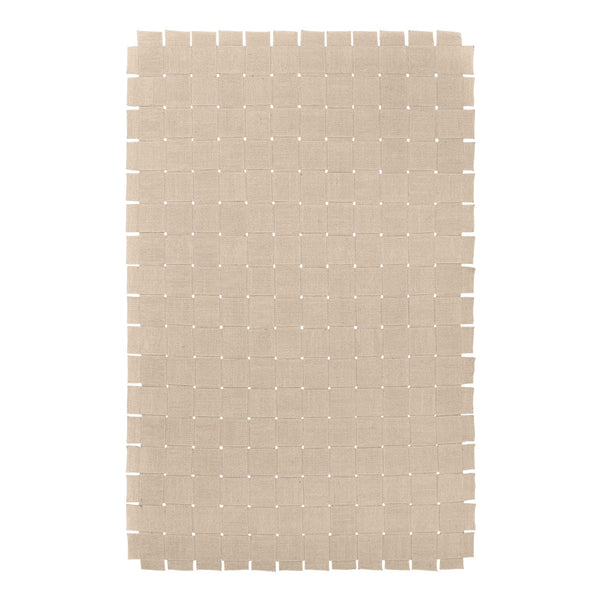 Beige rectangular rug with a simple grid pattern and white stitching throughout. Ideal for modern decor.