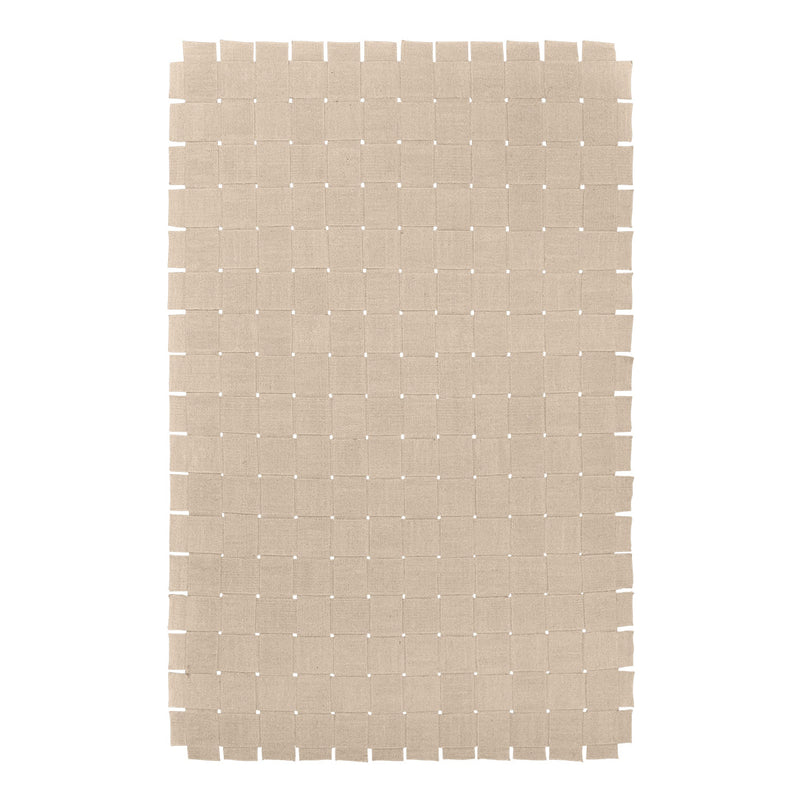 Beige rectangular rug with a simple grid pattern and white stitching throughout. Ideal for modern decor.