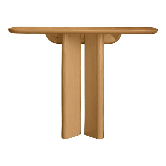 Light brown contemporary console table with a smooth surface and minimalistic design, perfect for modern decor.