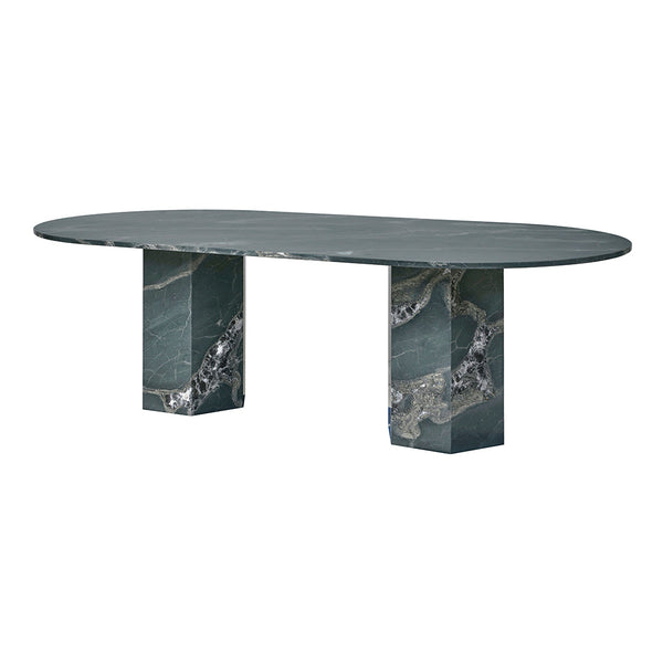 Elegant oval dining table in deep green with textured marble patterns and gray veining. Perfect for modern decor.