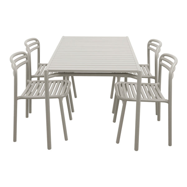Light gray outdoor dining table with slatted design and matching chairs, perfect for versatile patio aesthetics.