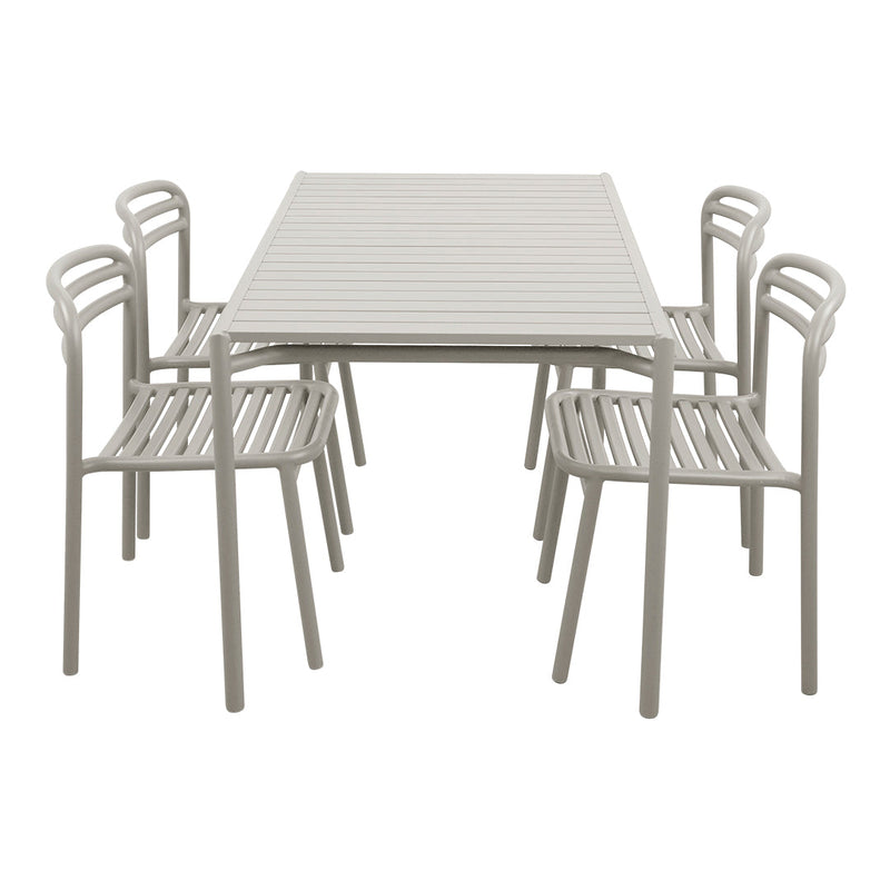 Light gray outdoor dining table with slatted design and matching chairs, perfect for versatile patio aesthetics.