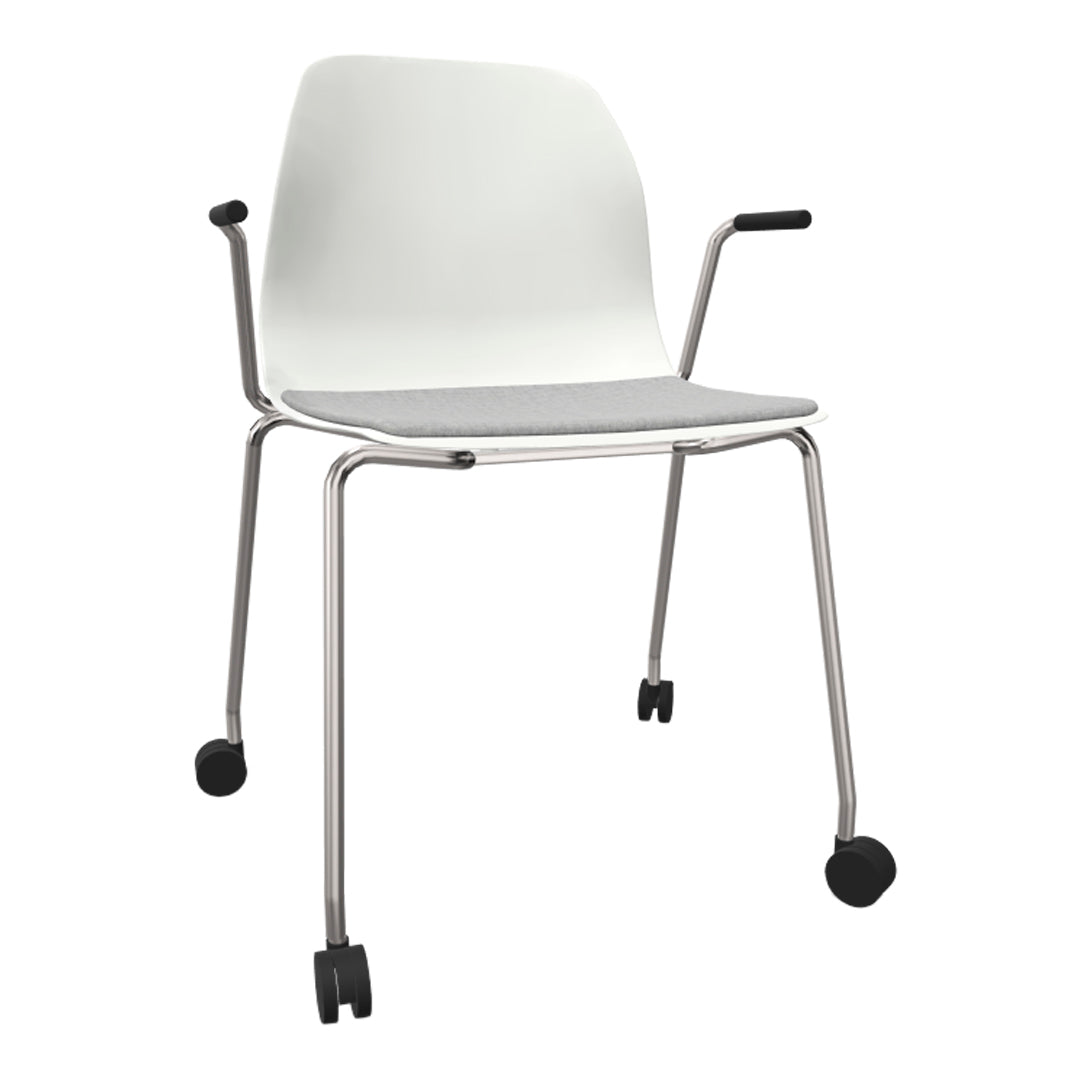 White chair with a grey seat cushion and silver metal frame, featuring black wheels for easy mobility.
