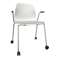 White chair with a grey seat cushion and silver metal frame, featuring black wheels for easy mobility.