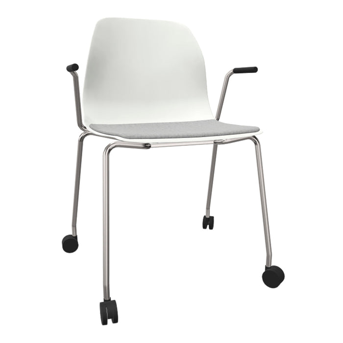 White chair with a grey seat cushion and silver metal frame, featuring black wheels for easy mobility.