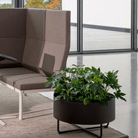 Brown upholstered seating with a dark planter filled with lush green plants, set in a modern, bright space.