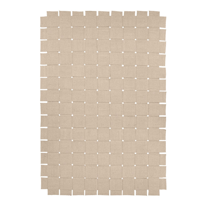 Beige woven rug with a square pattern, featuring unique cut-out designs for a textured look. Perfect for stylish decor.