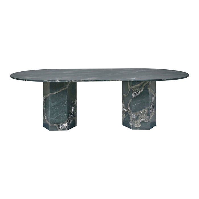 Green marble oval dining table with striking gray and white veining accents. Modern, elegant design.