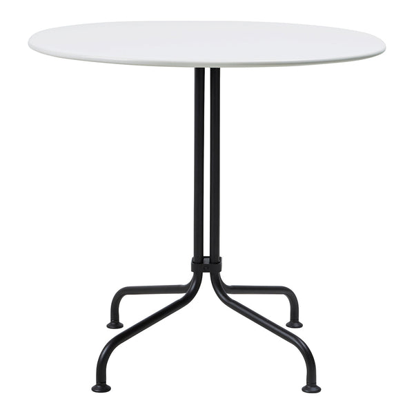 White round tabletop with sleek black metal legs and base, creating a modern, minimalist design.