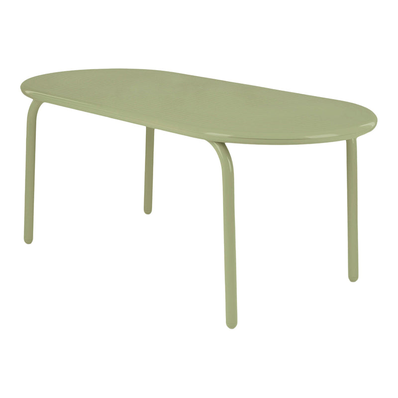 Light green oval dining table with subtle ribbed texture on the surface, perfect for modern decor.