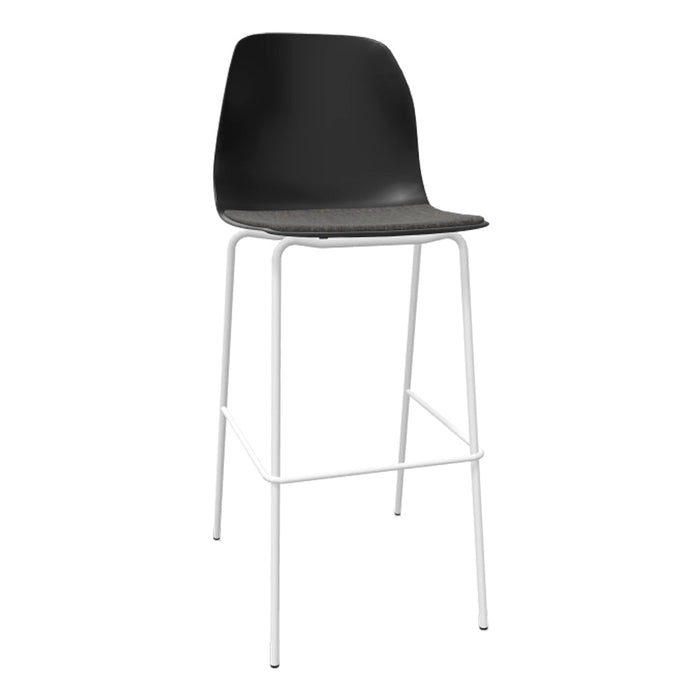 Black bar stool with a gray upholstered seat and white metal legs, modern design and minimalistic color scheme.