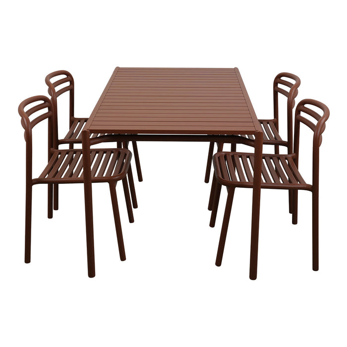 Brown slatted dining table with matching chairs, featuring a sleek, modern design ideal for outdoor spaces.