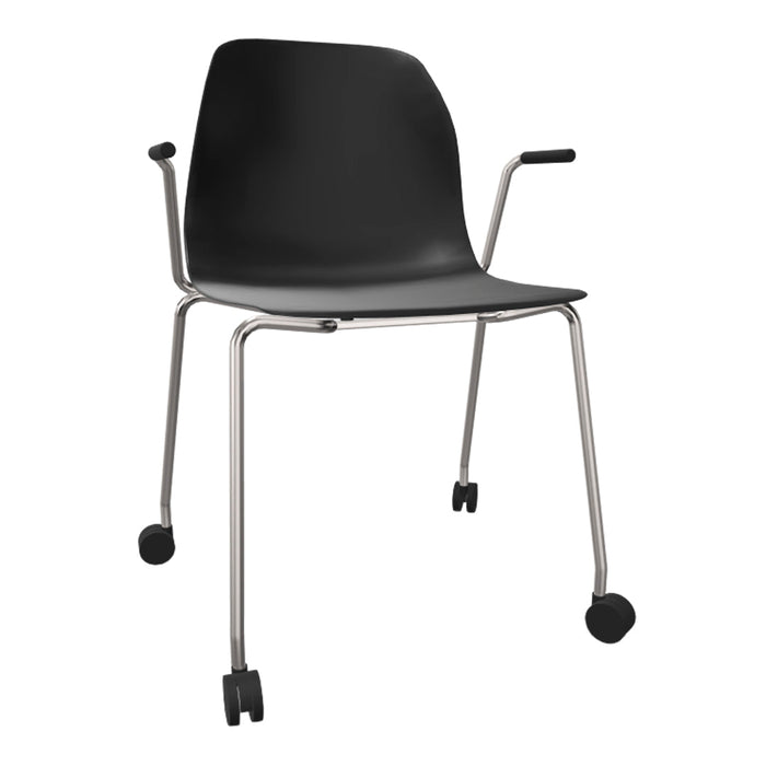 Black plastic chair with a sleek, minimalist design and metallic frame, featuring smooth rolling wheels for mobility.