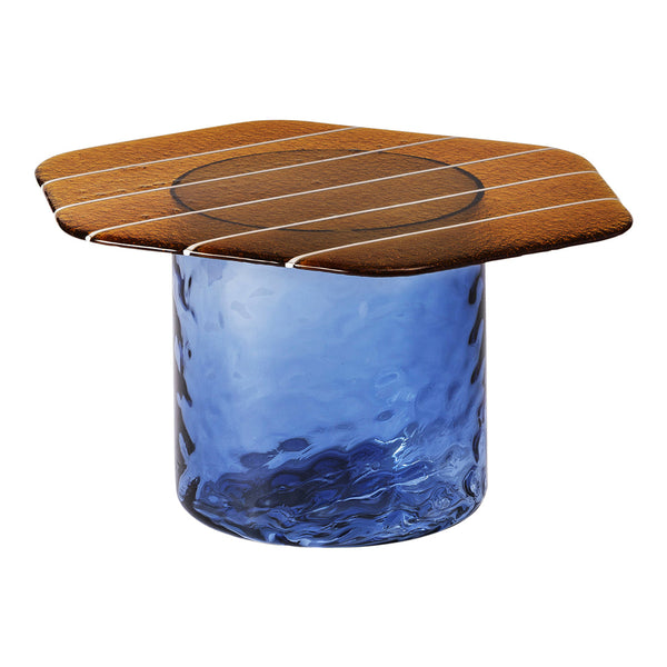 Blue glass base with a brown, striped wooden top; modern and stylish design for contemporary decor.