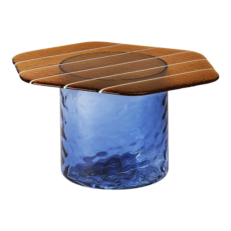 Blue glass base with a brown, striped wooden top; modern and stylish design for contemporary decor.