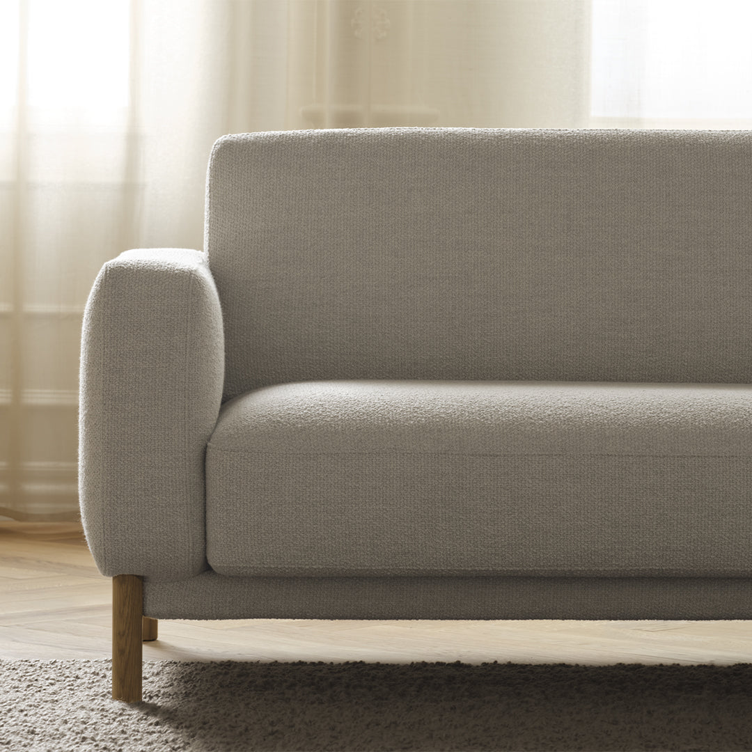 Light gray upholstered sofa with a simple, modern design and wooden legs, perfect for minimalist interiors.