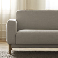Light gray upholstered sofa with a simple, modern design and wooden legs, perfect for minimalist interiors.
