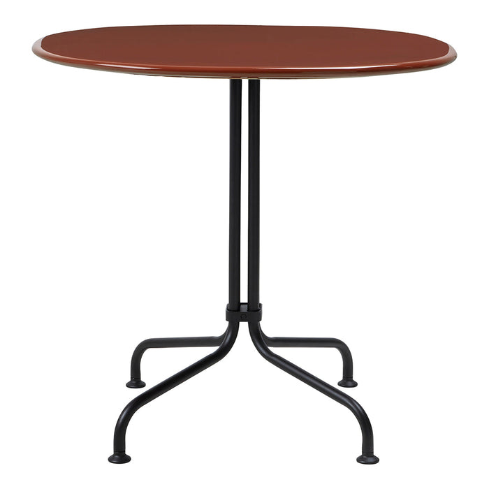 Round brown tabletop with a glossy finish, supported by a black metal base featuring sleek legs.