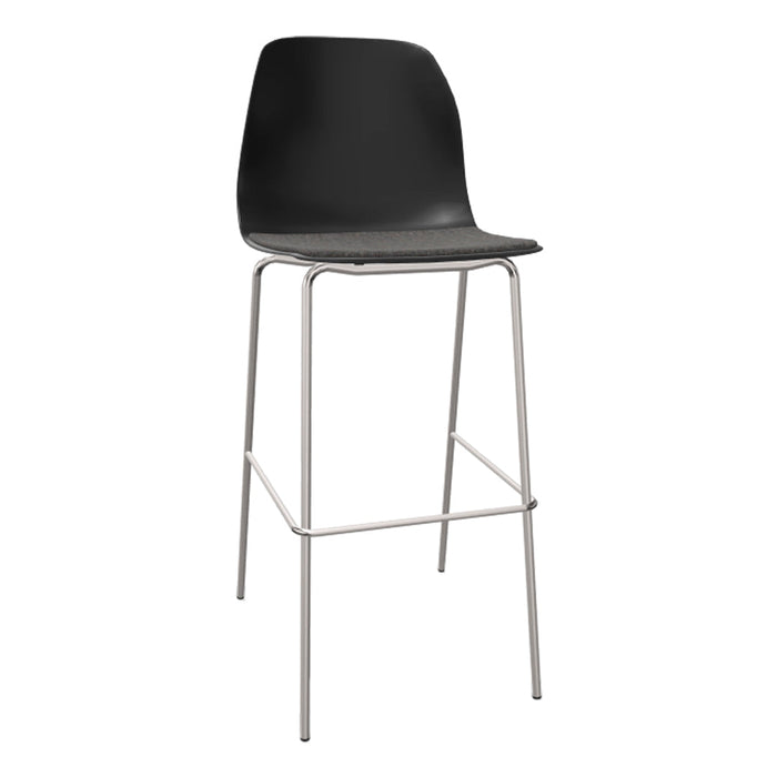 Black bar stool with a gray seat cushion and sleek silver metal legs. Modern and minimalist design, perfect for any decor.