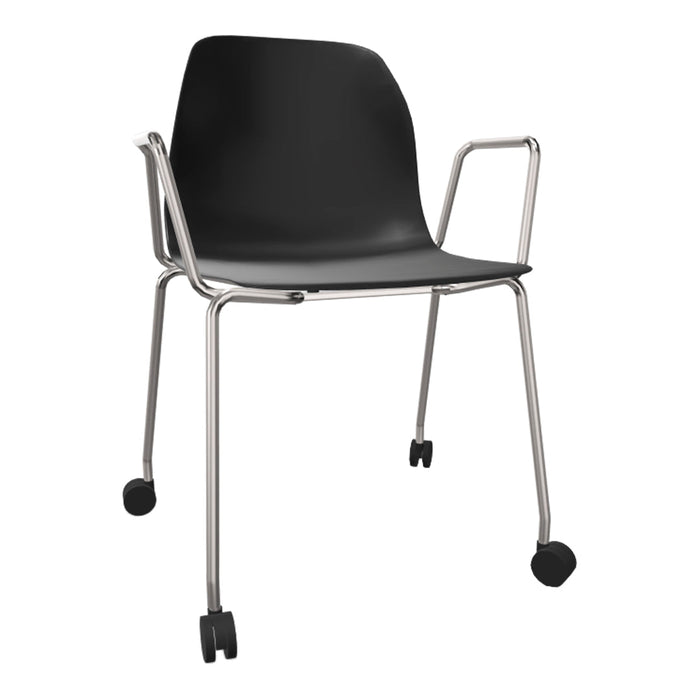 Black modern chair with a sleek design, featuring a smooth surface and silver accents in a minimalist style.