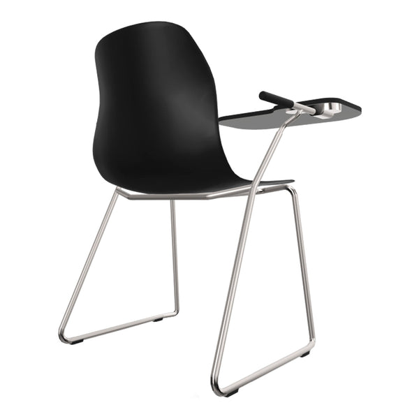 Black chair with sleek lines and a minimalist design, featuring a silver metal frame and integrated writing surface.